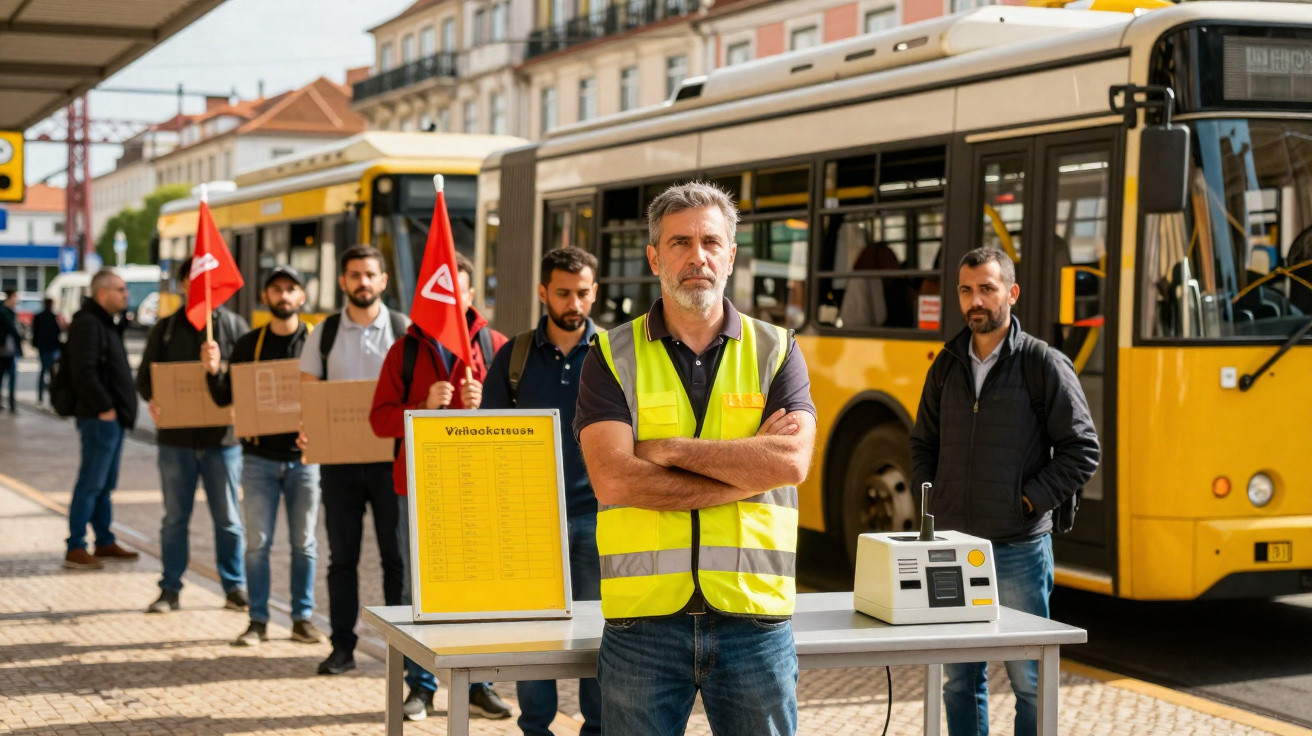 Homem com colete amarelo à frente de autocarro amarelo com pessoas atrás em manifestação com bandeiras vermelhas.