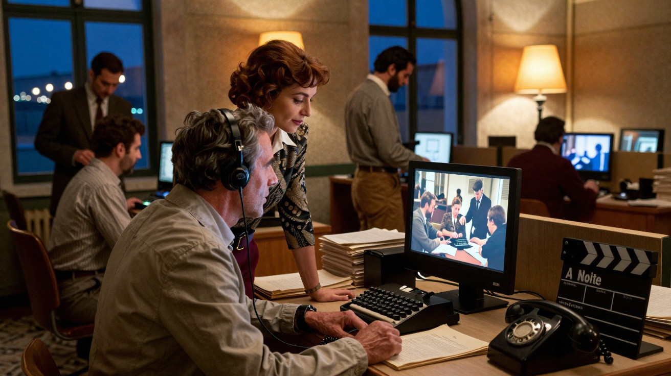 Homem com auscultadores e mulher consultam monitor num escritório com decoração retro e várias pessoas a trabalhar.