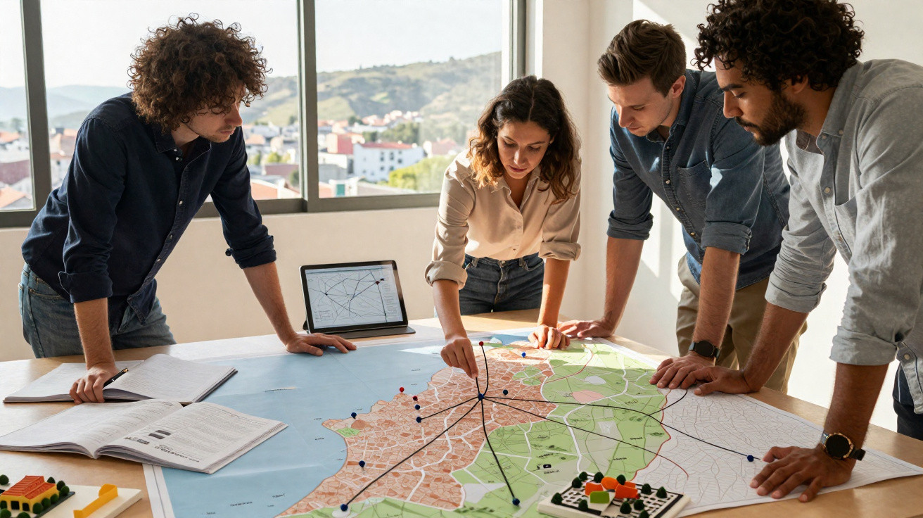Quatro pessoas analisam um mapa grande numa mesa, com pins coloridos e estudo aberto.
