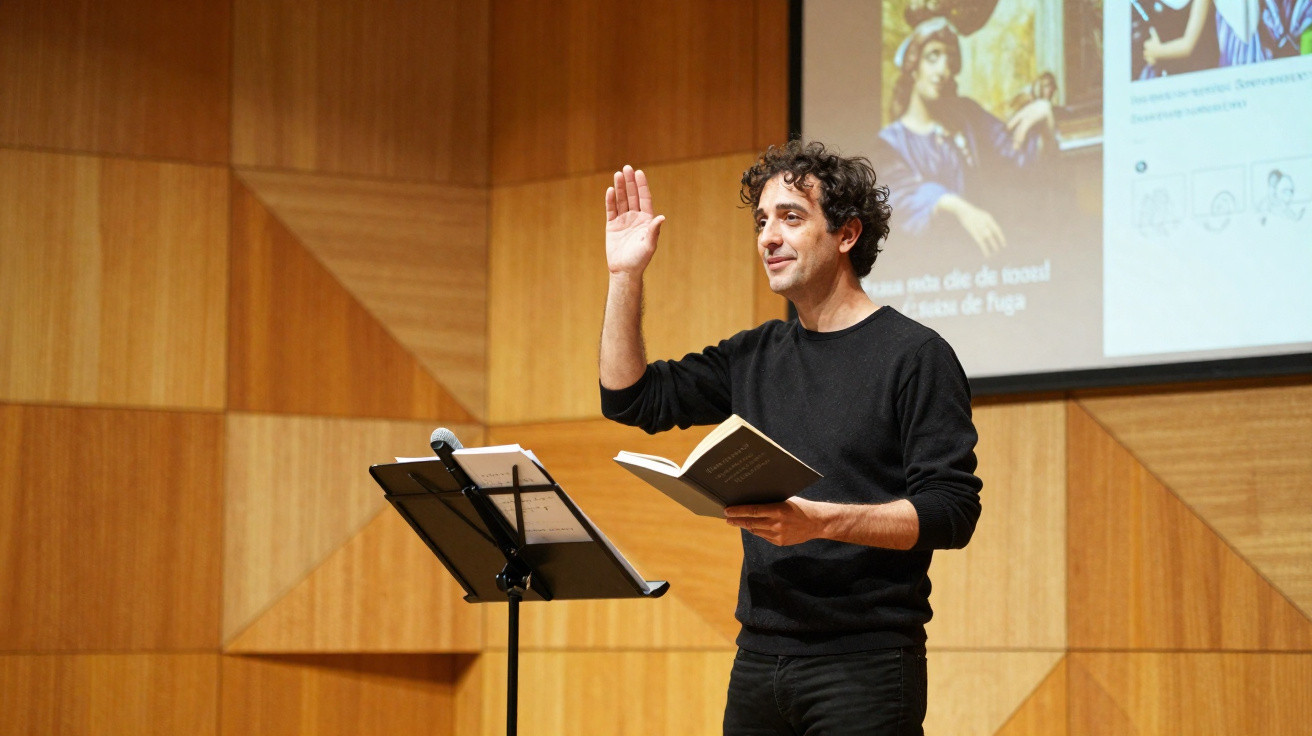 Homem de cabelo encaracolado a ler livro e a discursar num palco com fundo em madeira.