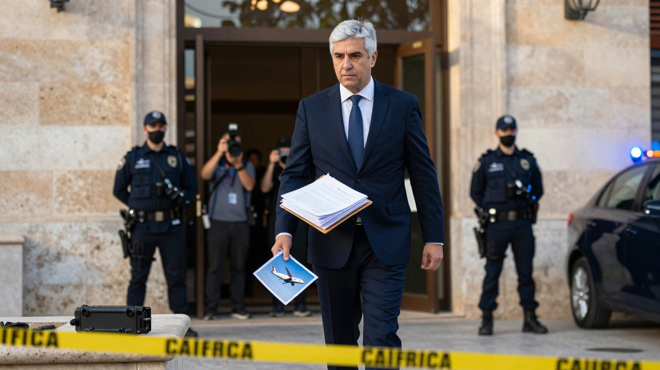 Homem de fato azul e cabelo grisalho sai de edifício com documentos na mão, polícia e fita de polícia à volta.