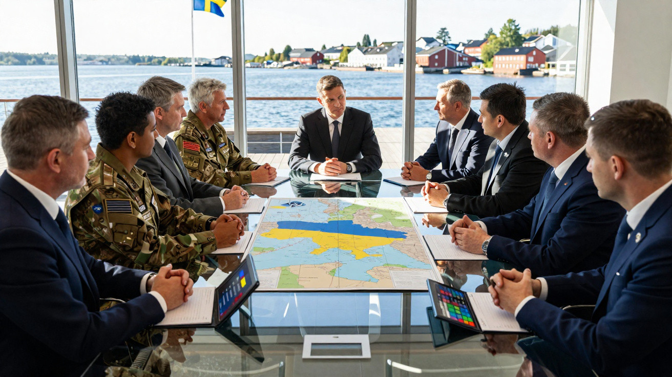 Reunião formal com militares e civis sentados à mesa com mapa estendido, vista para o mar e bandeira sueca.