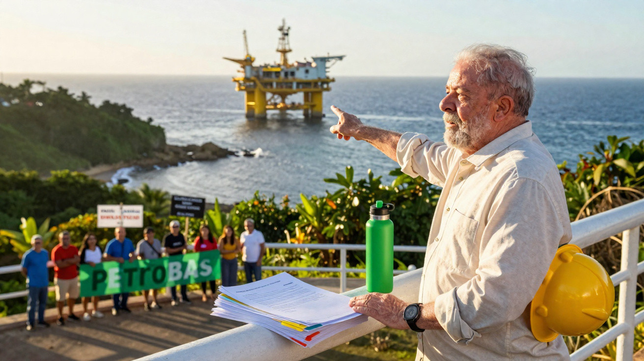 Homem idoso aponta para plataforma petrolífera enquanto grupo com placa protesta ao fundo.