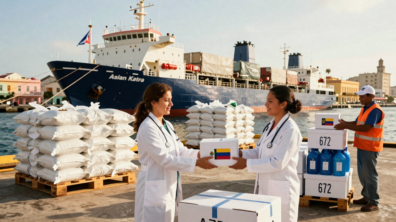 Dois médicos com bata branca trocam caixas de ajuda humanitária junto a um navio de carga no porto.