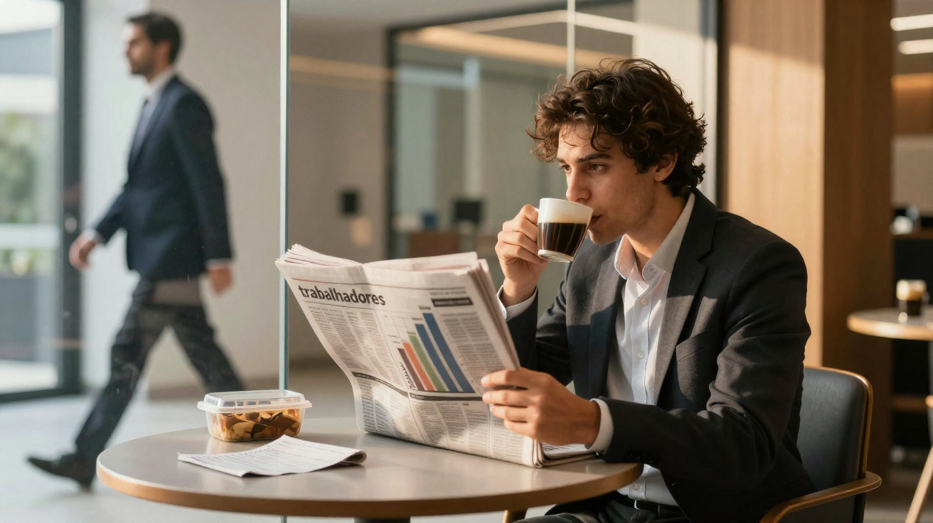 Homem de fato a beber café e a ler jornal num espaço interior moderno, com outra pessoa a passar ao fundo.