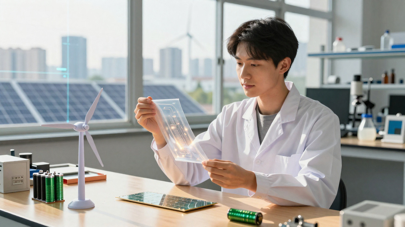 Cientista a analisar painel solar em laboratório com miniatura de turbina eólica e baterias sobre a mesa.