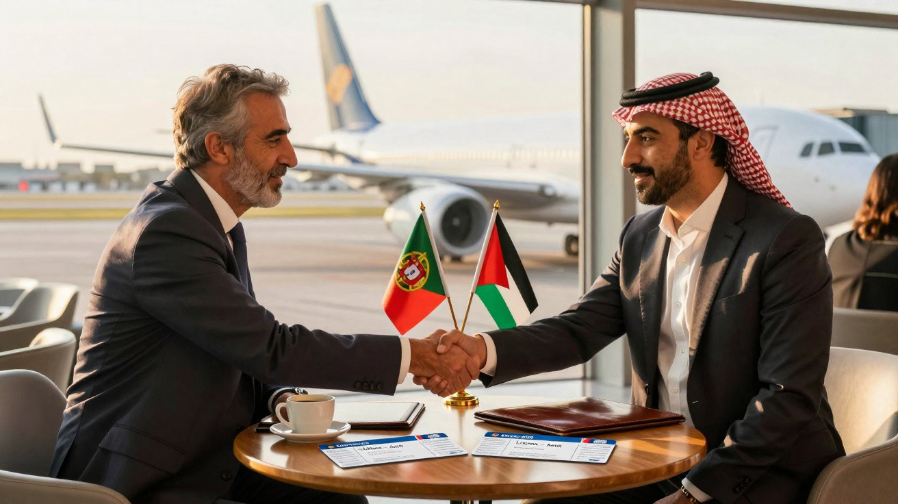 Dois homens em traje formal apertam as mãos numa reunião com bandeiras de Portugal e Palestina e passagens aéreas sobre a mes