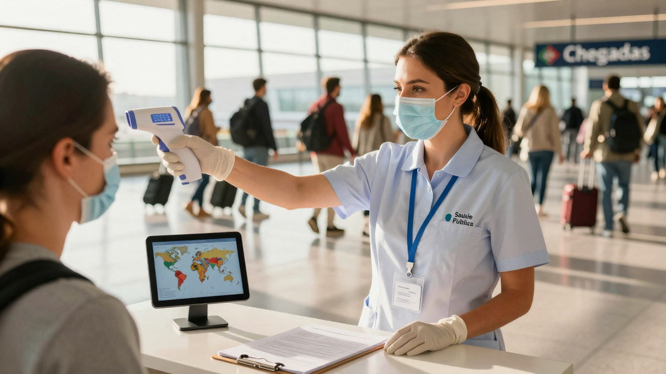 Funcionária em máscara a medir temperatura a passageira no aeroporto, com painéis e passageiros ao fundo.