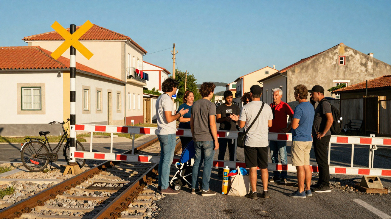 Grupo de pessoas reunidas junto a passagem de nível bloqueada, com casas ao fundo e bicicleta encostada.