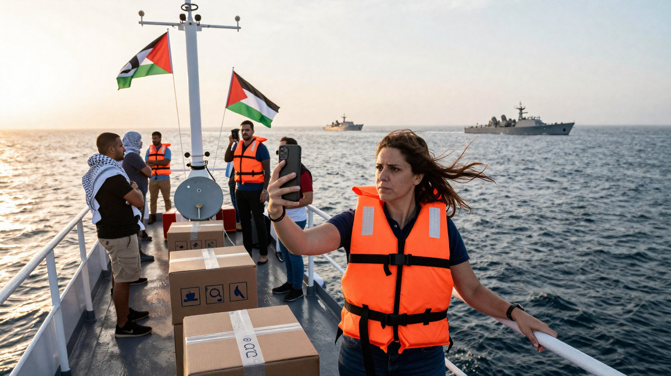 Pessoa com colete salva-vidas faz selfie num barco com várias caixas e bandeiras da Palestina, mar e navios militares ao fund