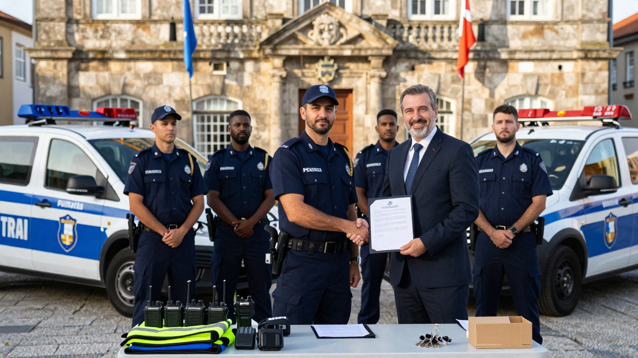 Polícias em uniforme e homem de fato trocam documento em frente a viaturas policiais junto a equipamento sobre mesa.