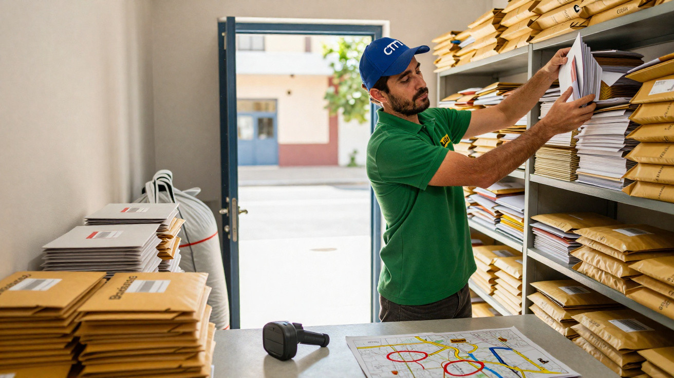Funcionário a organizar encomendas em envelopes em estantes numa sala de logística com porta aberta para a rua.