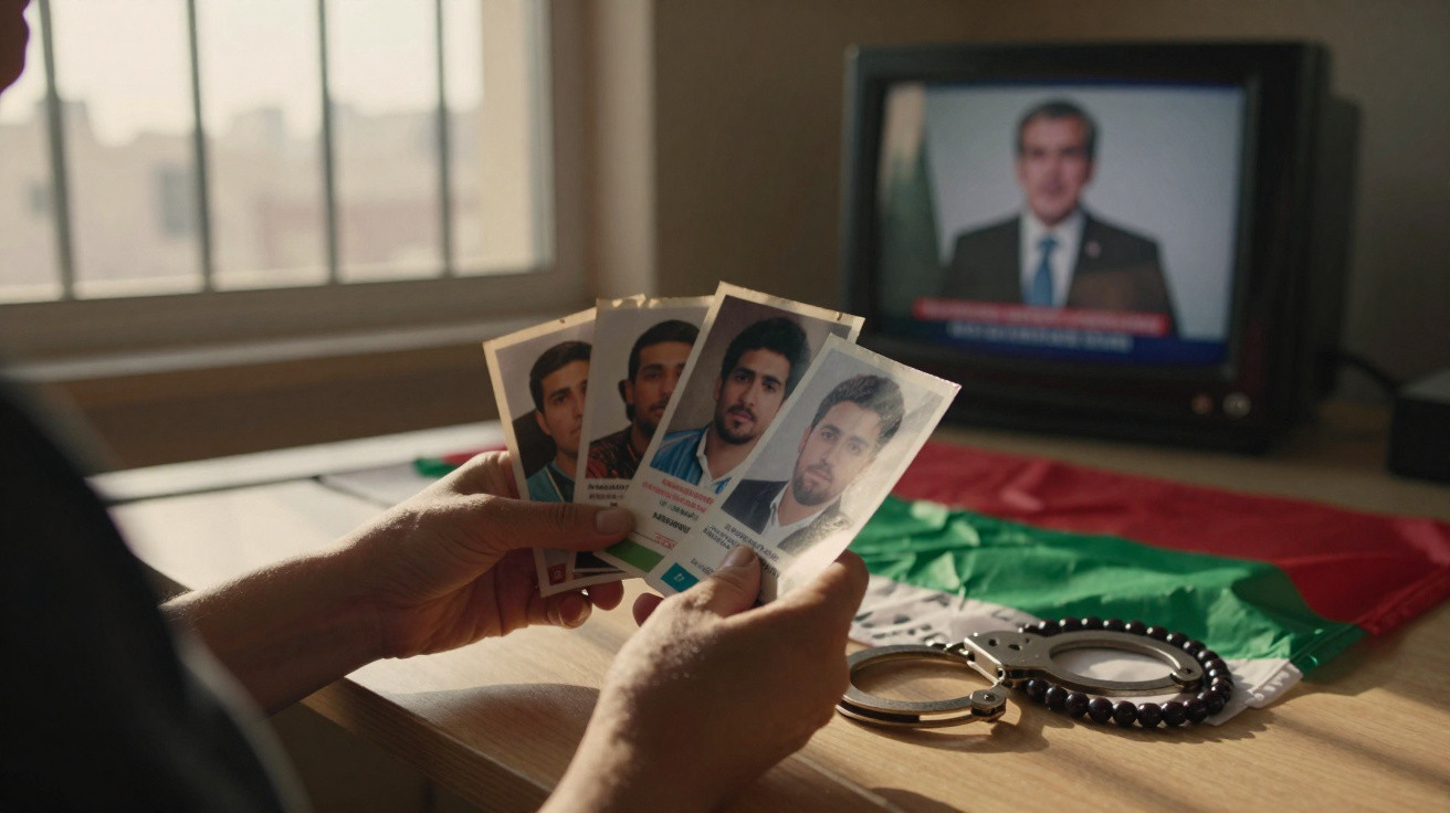 Pessoa a segurar quatro fotos de identificação, com algemas e bandeira de Portugal sobre a mesa, televisão ligada ao fundo.