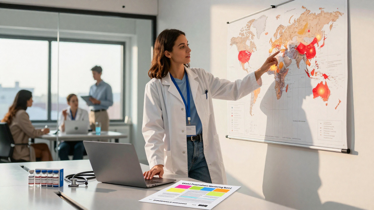 Mulher médica em jaleco aponta para mapa mundial com zonas destacadas numa sala de reunião com colegas ao fundo.