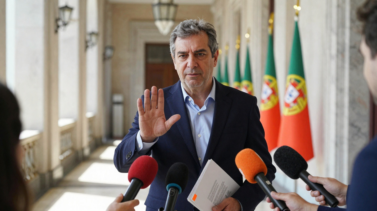 Homem em fato azul gesticula em entrevista com microfones e bandeiras de Portugal ao fundo.