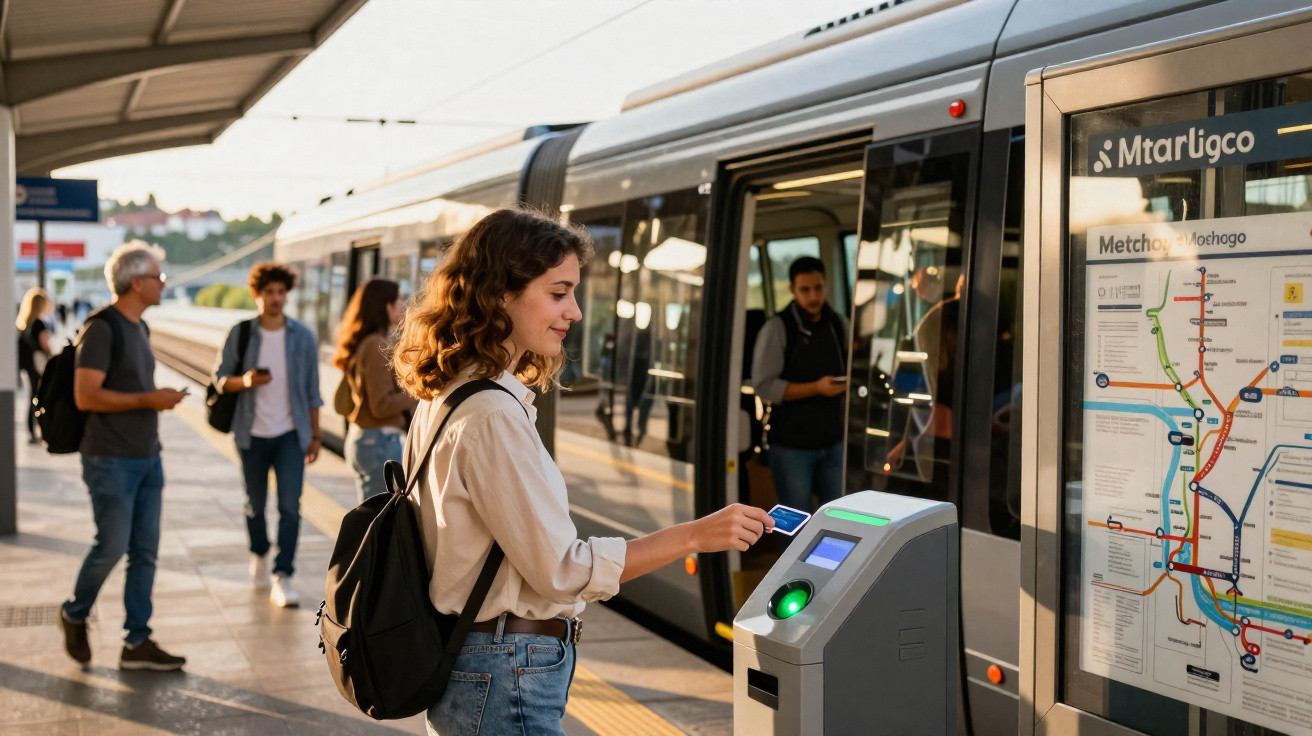 Mulher a pagar passagem com cartão num terminal numa estação de metro com trem parado ao fundo.