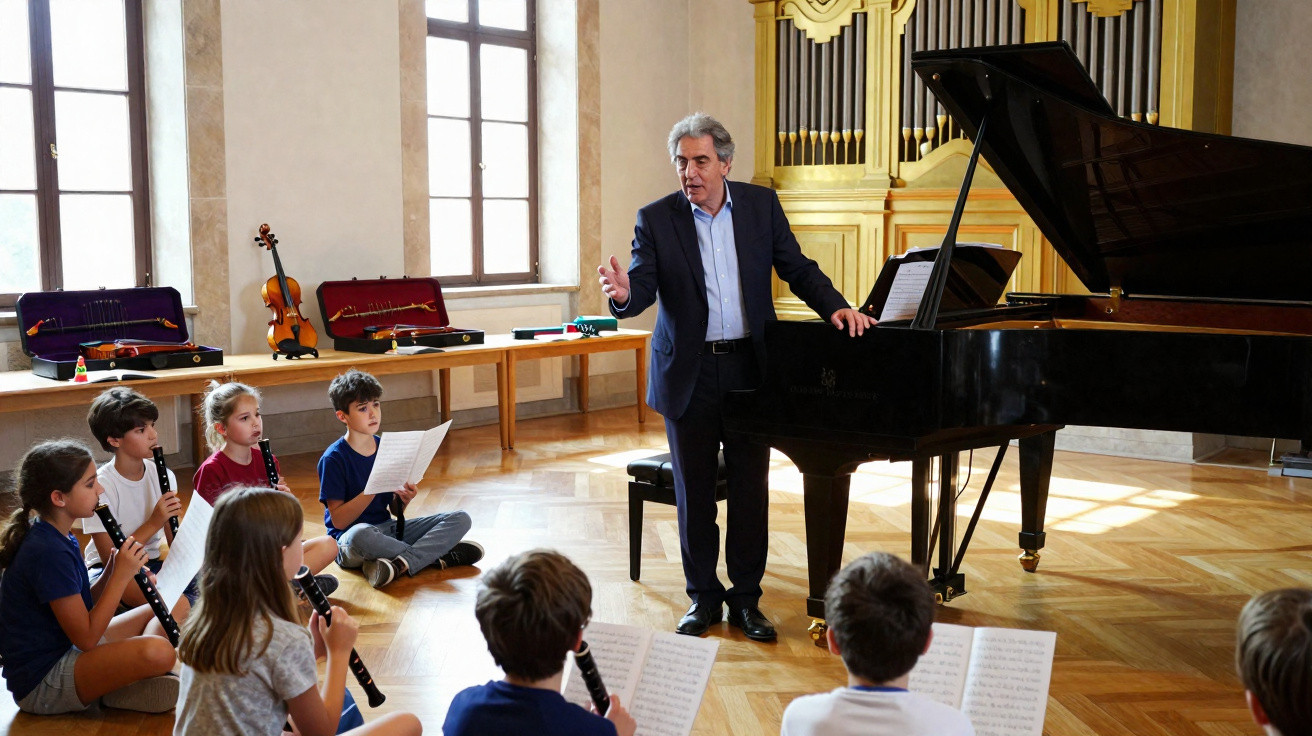 Professor de música a ensinar crianças sentadas no chão com flautas e partituras, perto de um piano de cauda.