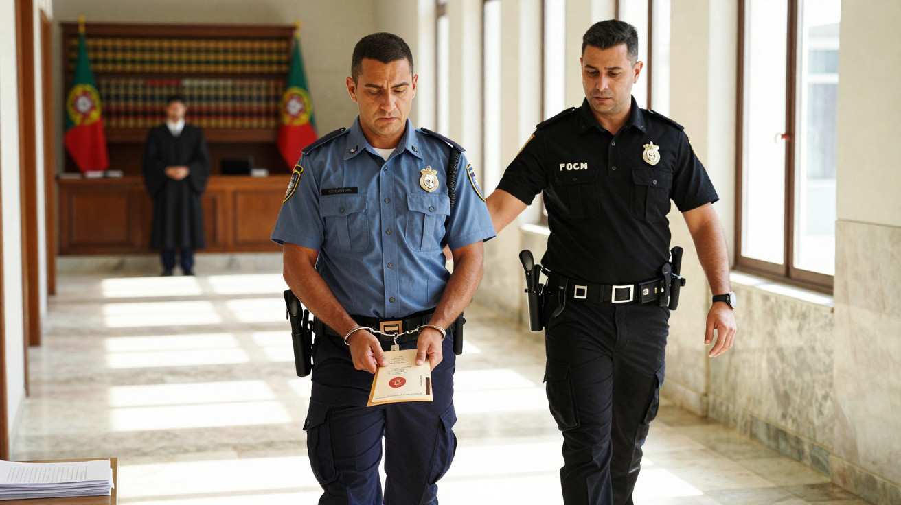 Polícia algemado escoltado no corredor de tribunal, com juiz e bandeiras de Portugal ao fundo.