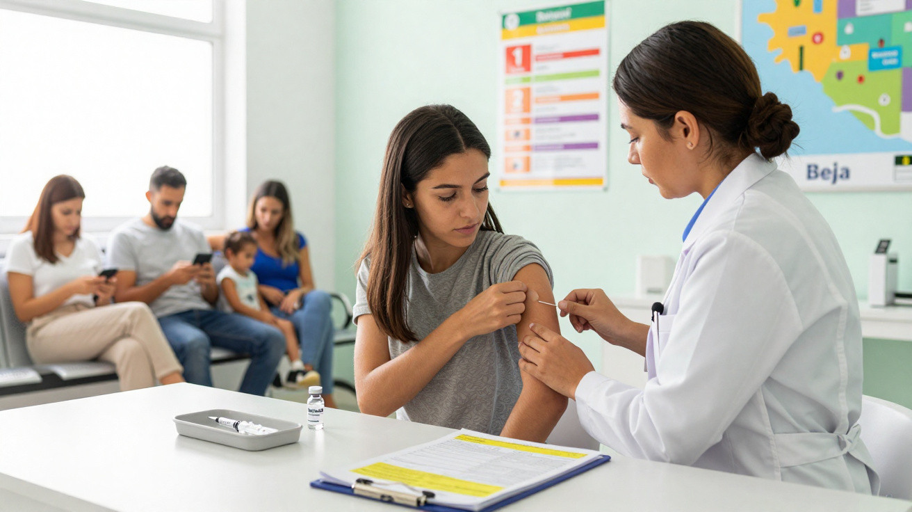 Jovem a receber vacina no braço pela médica num centro de saúde com mais pessoas à espera sentadas.