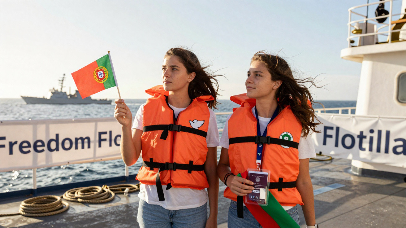 Duas jovens com coletes salva-vidas laranja em barco, uma segura bandeira de Portugal, mar e navio ao fundo.