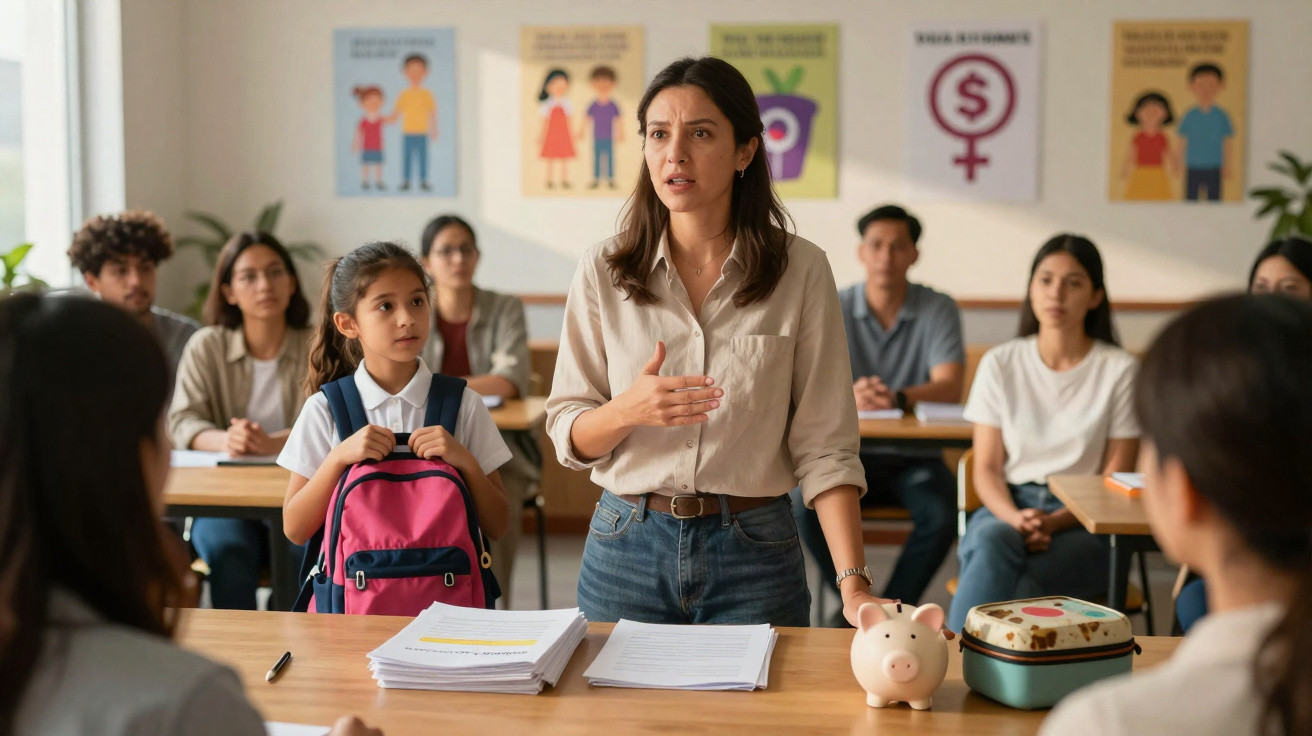 Professora a falar para alunos numa sala de aula com criança e objetos escolares em cima da mesa.