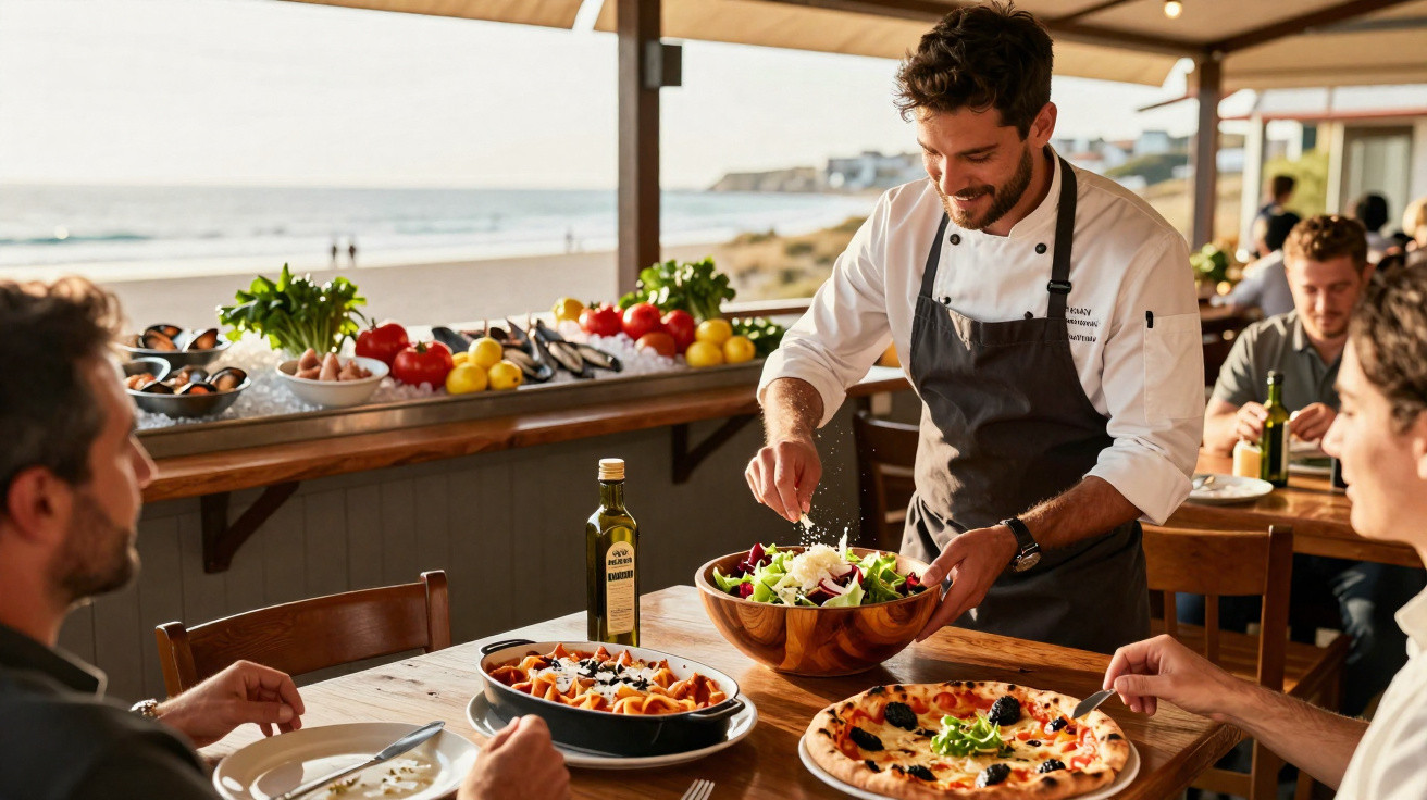 Chef serve salada fresca a clientes numa esplanada de restaurante junto à praia.