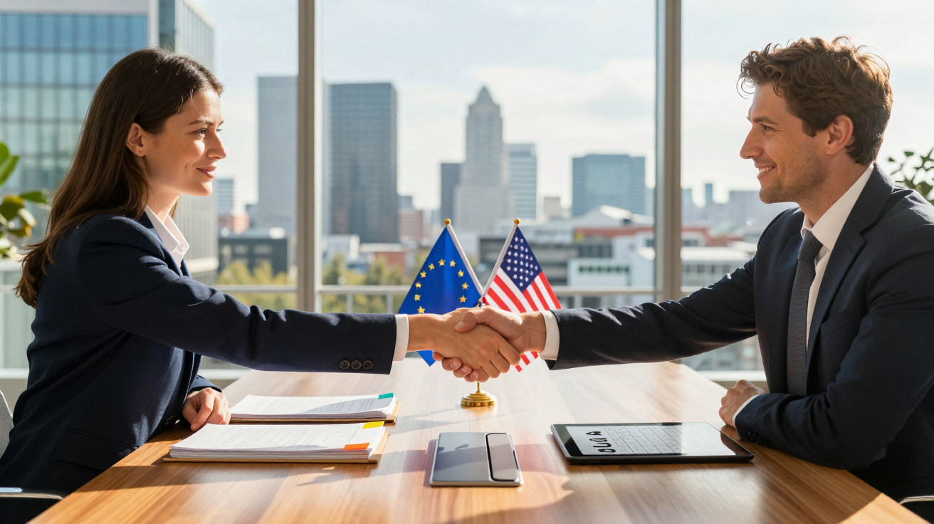 Duas pessoas de negócios a apertar as mãos numa reunião com bandeiras da UE e EUA no centro da mesa.