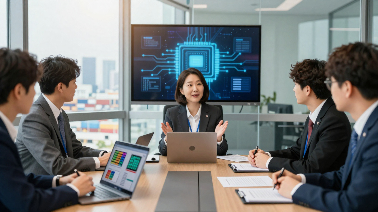 Reunião de trabalho com quatro homens e uma mulher a discutir dados digitais numa sala de conferências moderna.