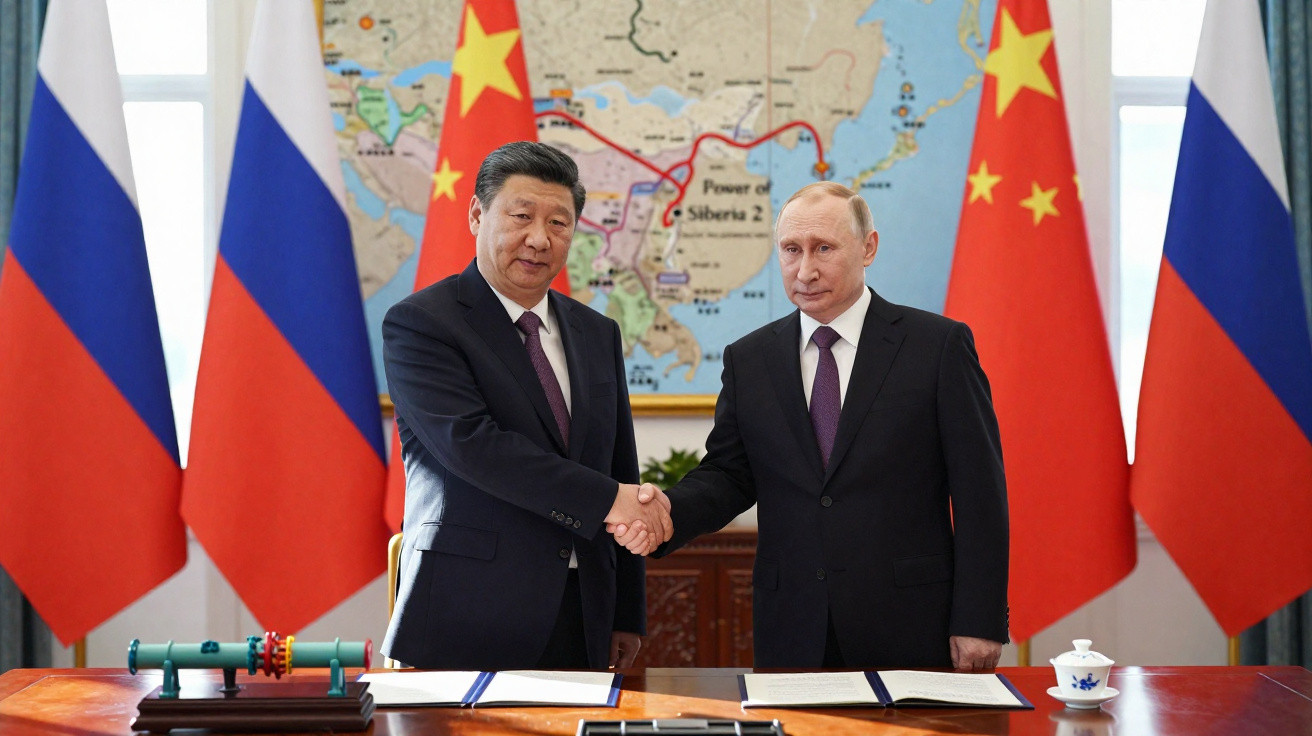 Presidentes da China e Rússia apertam as mãos durante reunião oficial com bandeiras e mapa ao fundo.