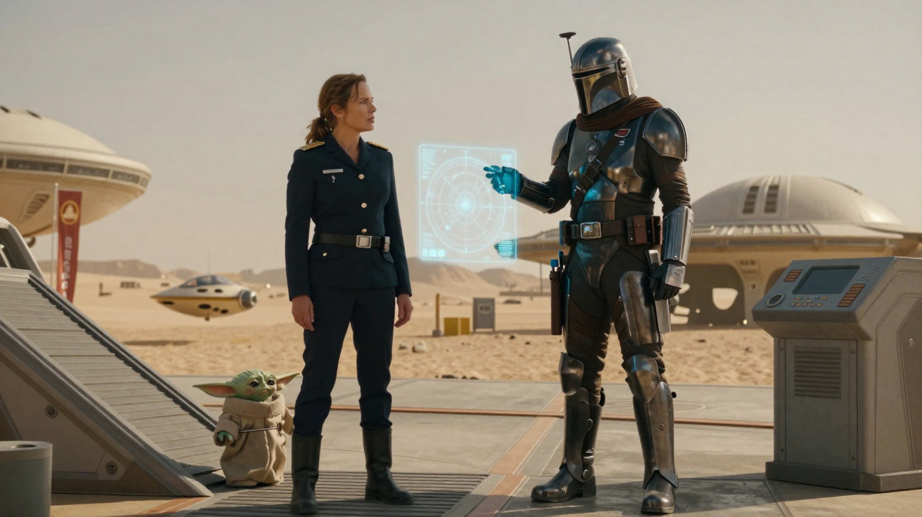 Homem armado em armadura futurista conversa com mulher em uniforme militar num cenário desértico com Baby Yoda.