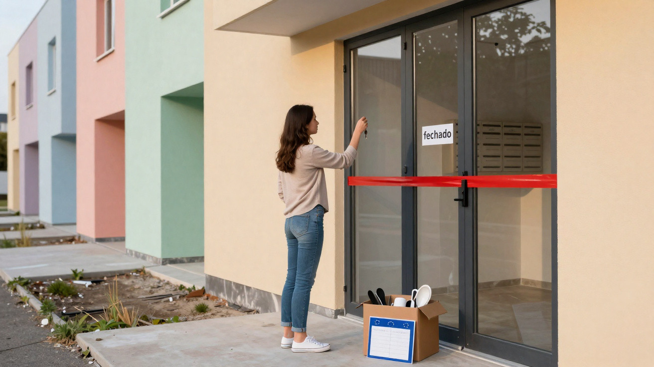 Mulher com caixa à porta de prédio trancada com sinal de fechado e fita vermelha.