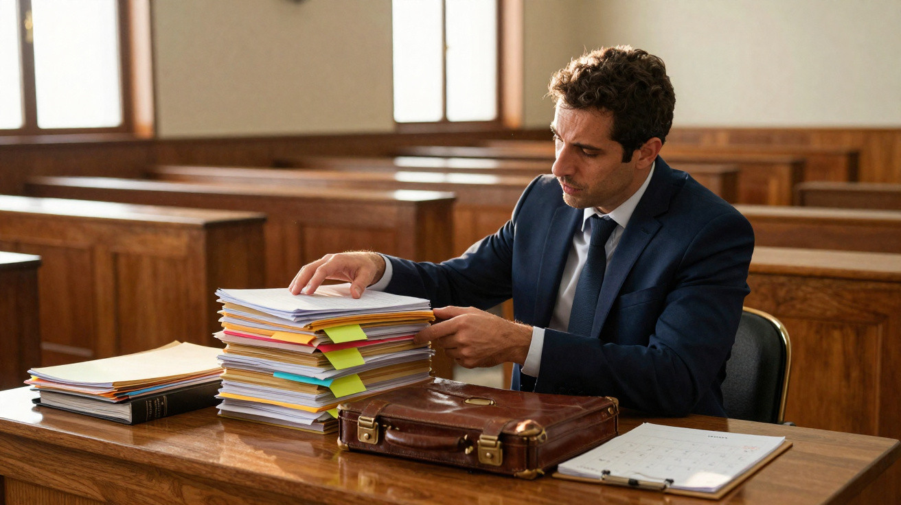 Homem em fato azul organiza pilha de documentos num tribunal vazio com pasta de pele e agenda na mesa.