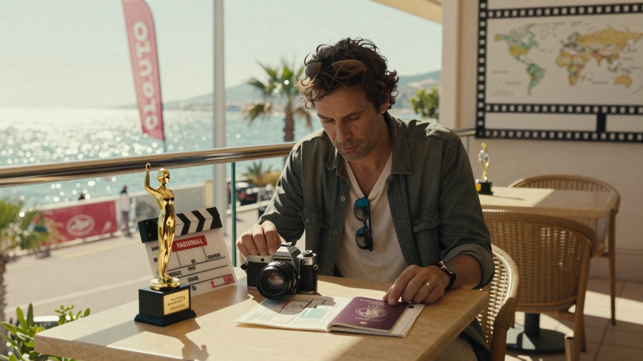 Homem sentado à mesa com máquina fotográfica, passaporte e prémio de cinema numa esplanada junto ao mar.