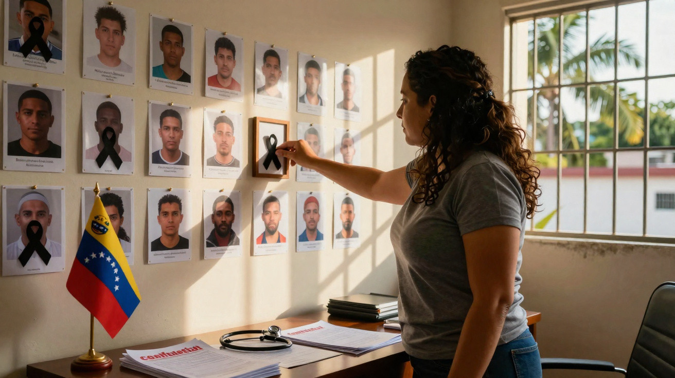 Mulher coloca laço negro em fotos de homens numa parede, junto a bandeira da Venezuela, em ambiente iluminado.