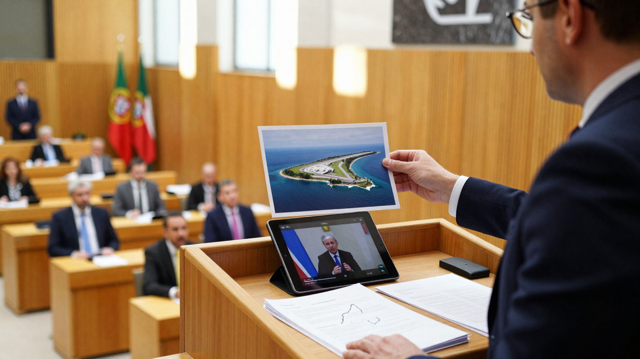 Político apresenta fotografia de ilha artificial numa sessão parlamentar com participantes atentos ao fundo.