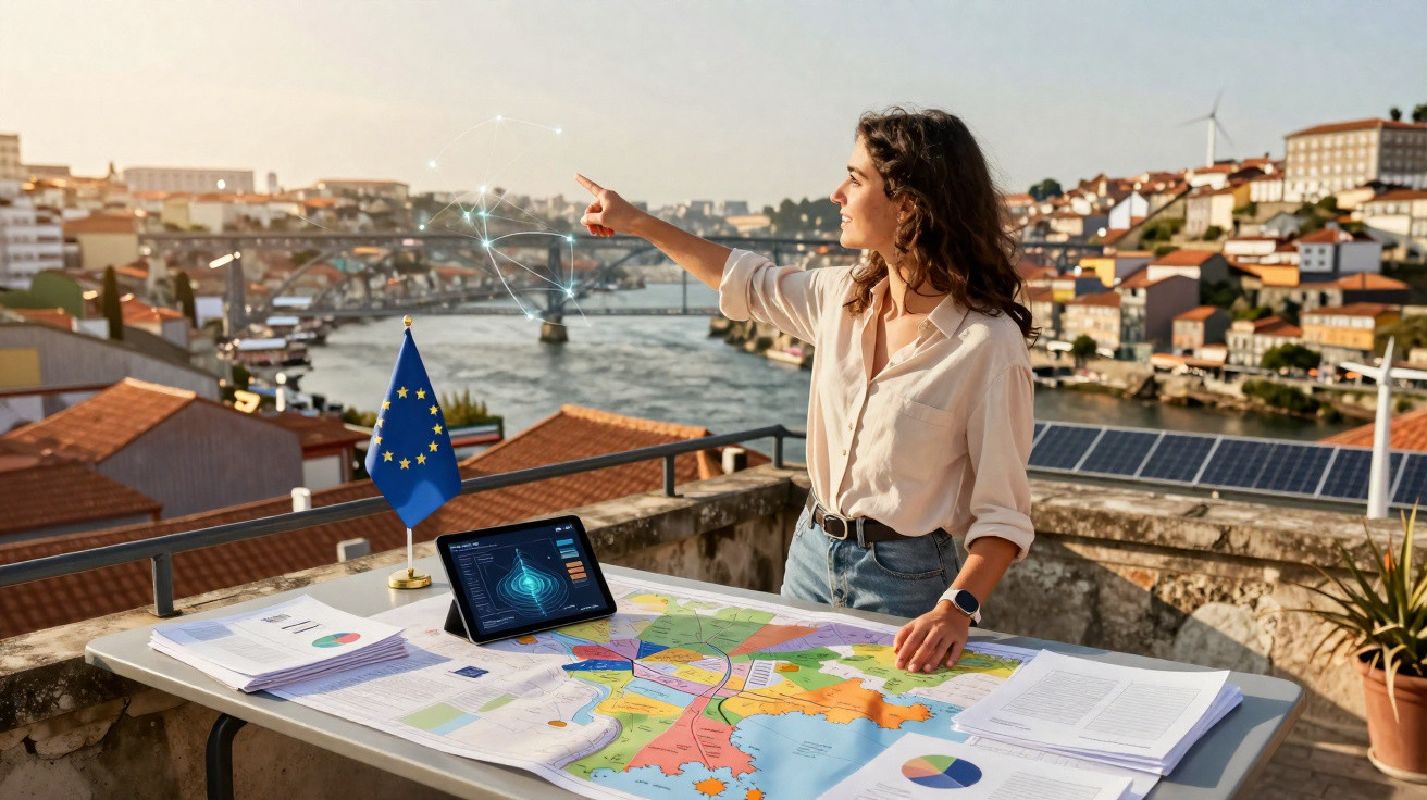 Mulher a apontar para gráficos digitais sobre a cidade, com mapa e bandeira da UE numa mesa exterior.