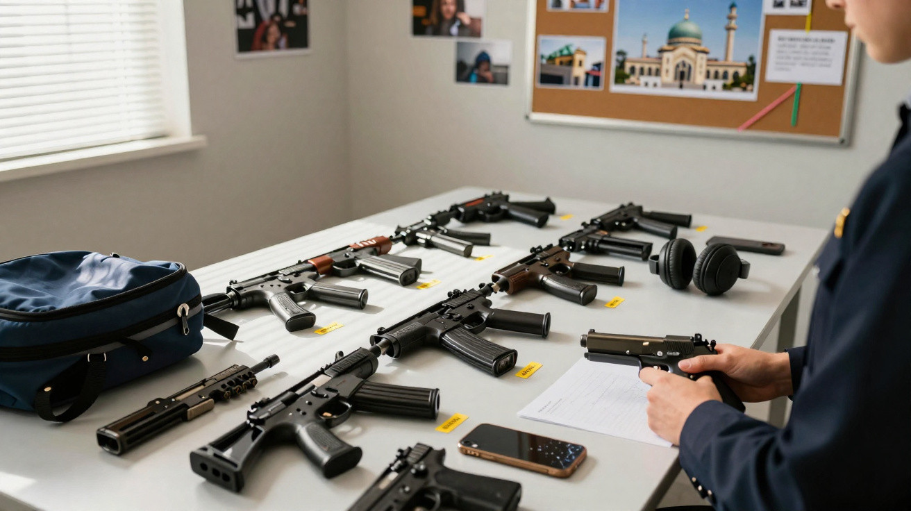 Multidão de armas de fogo dispostas numa mesa, com uma pessoa à direita segurando uma pistola.
