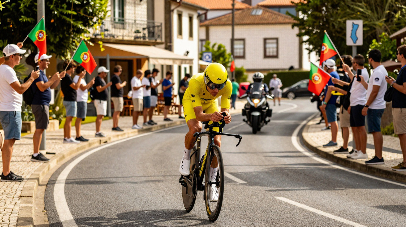 Ciclista de amarelo em corrida numa rua, rodeado por espetadores a acenar bandeiras de Portugal.