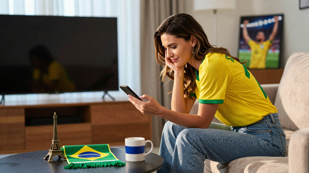 Mulher com camisola do Brasil sentada no sofá, a olhar para o telemóvel, com bandeira e miniatura da Torre Eiffel na mesa.