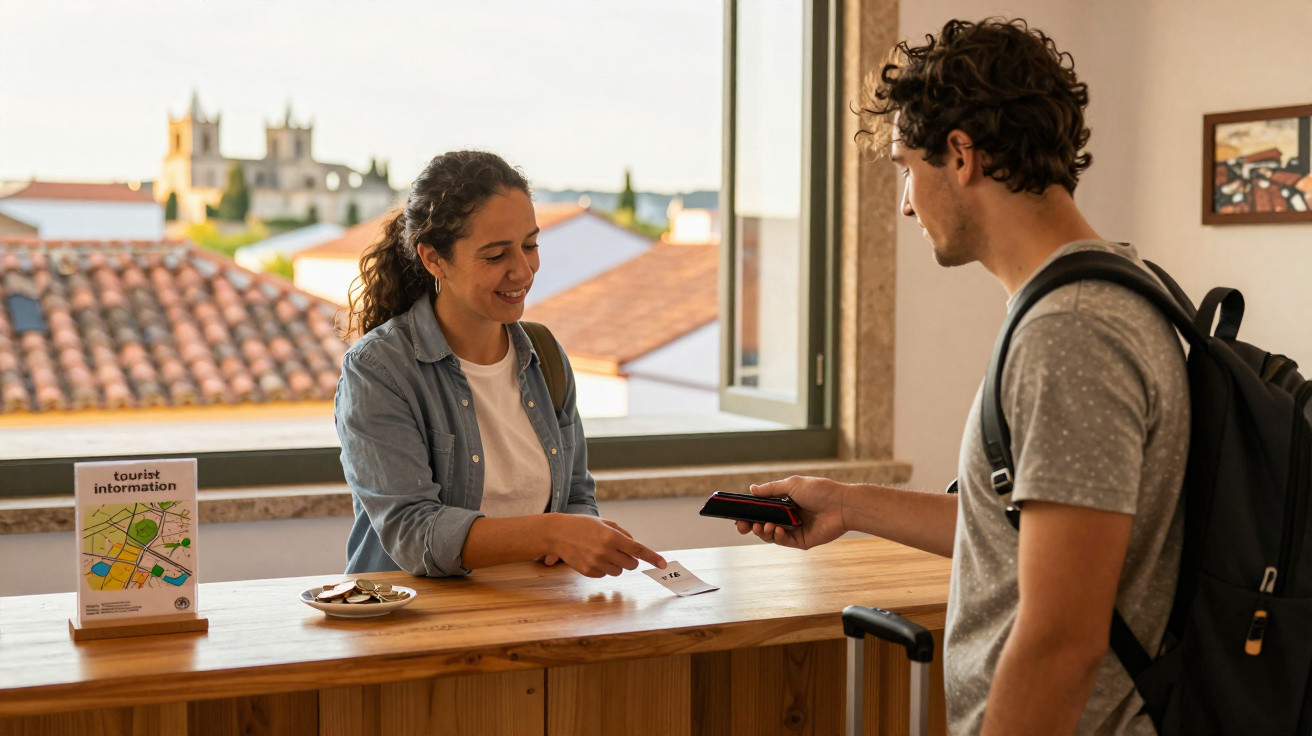 Jovem a entregar um cartão num balcão de informação turística com vista para edifícios tradicionais.