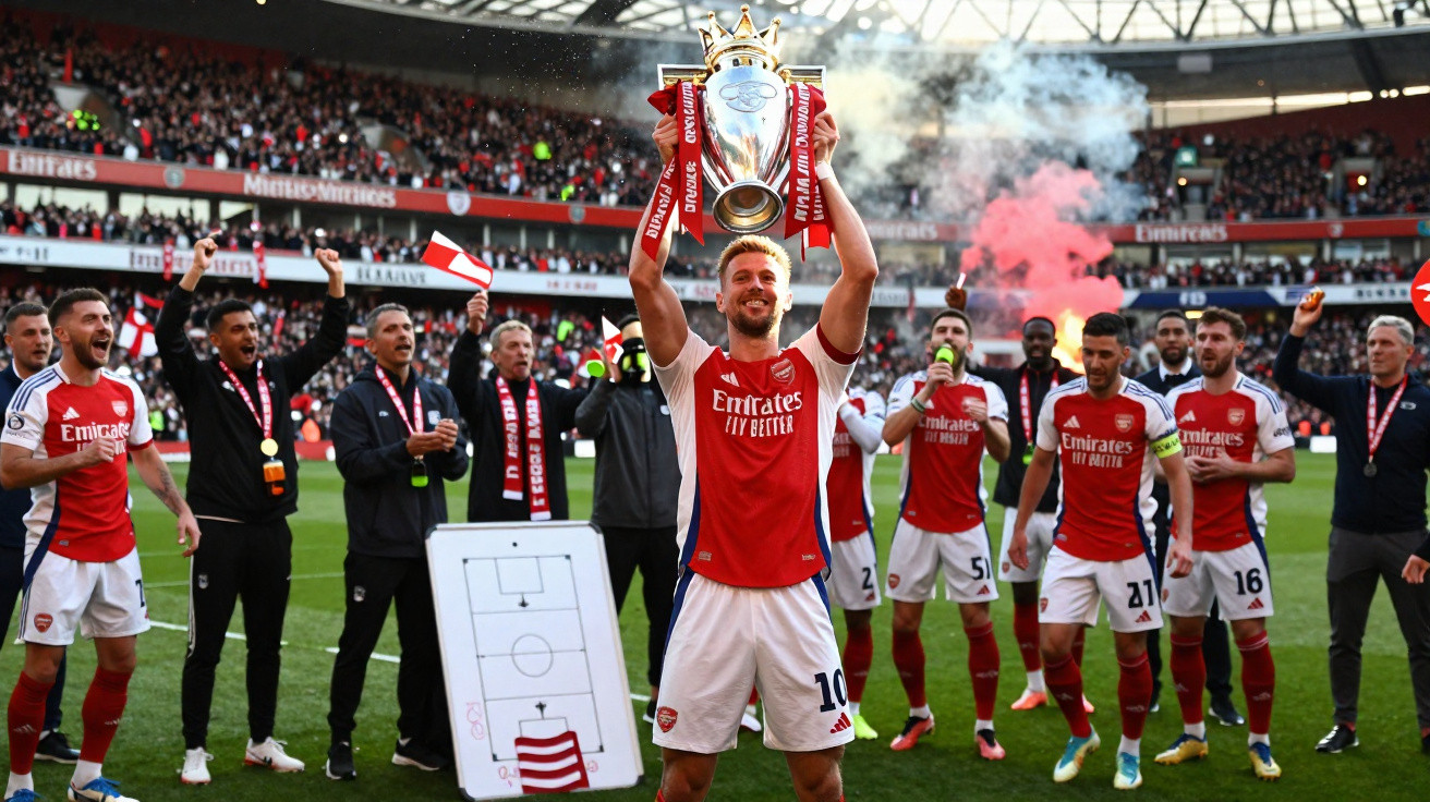 Jogador do Arsenal a erguer o troféu da Premier League em celebração no estádio com equipa e adeptos.
