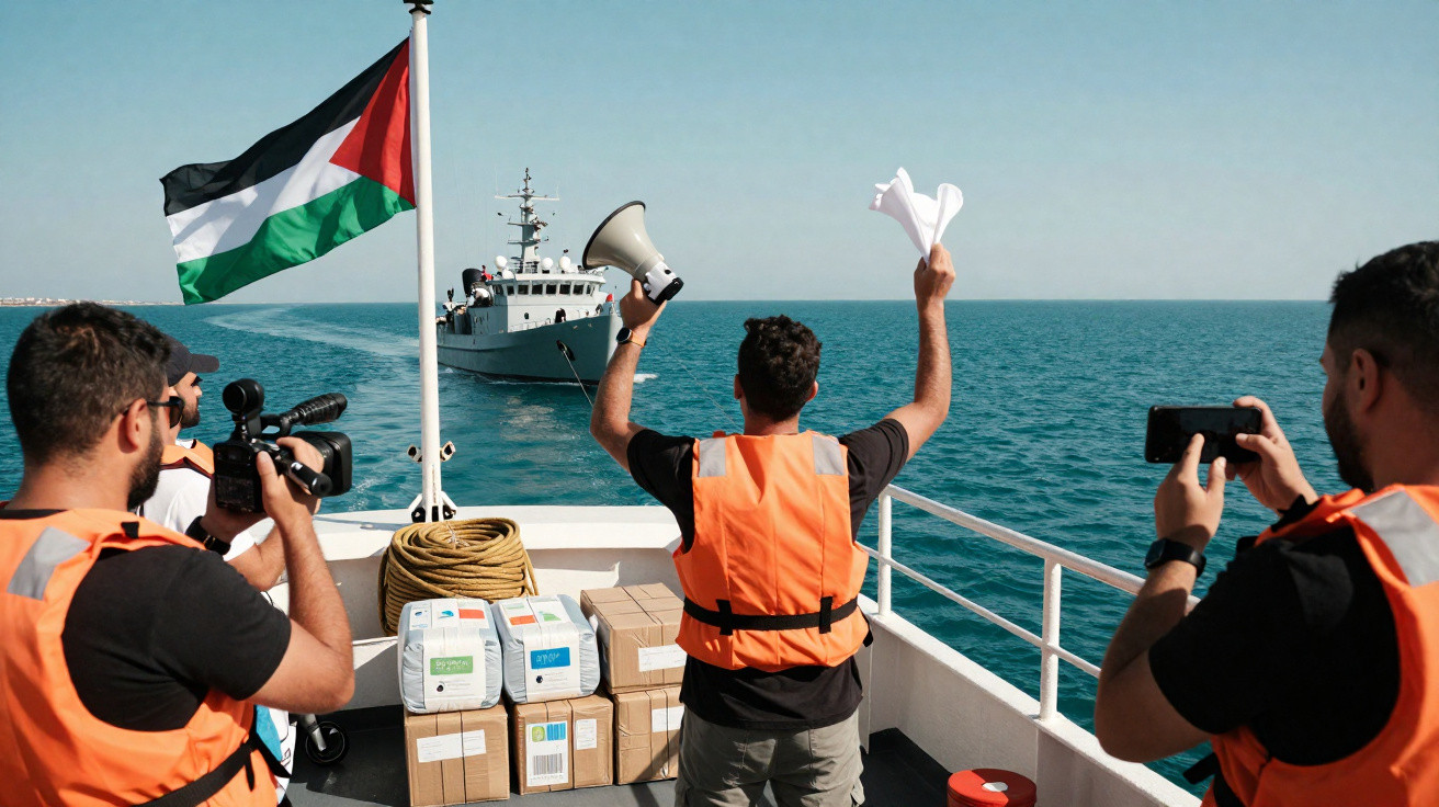 Homens com coletes salva-vidas num barco, fotografando e filmando, com bandeira da Palestina e navio ao longe no mar.