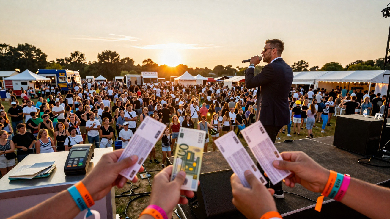 Artista em palco perante multidão ao ar livre ao pôr do sol, entradas e dinheiro em destaque na frente.