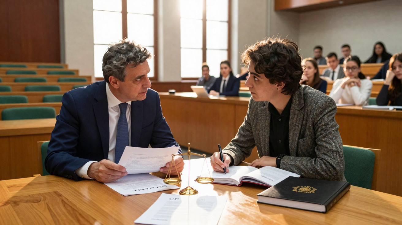 Dois homens conversam numa sala de tribunal com pessoas a assistir ao fundo.