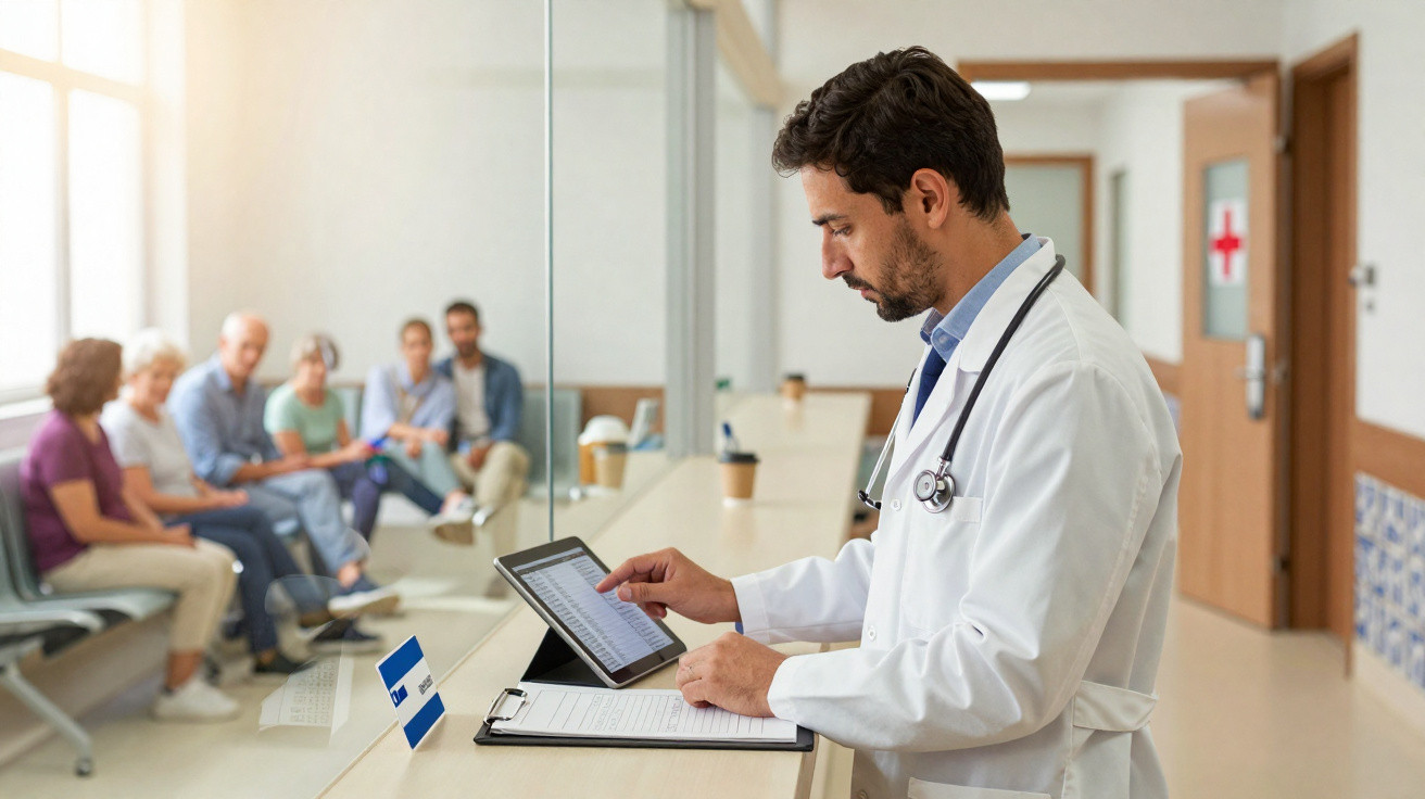 Médico com jaleco e estetoscópio consulta tablet e ficha, pacientes aguardam em sala de espera hospitalar.