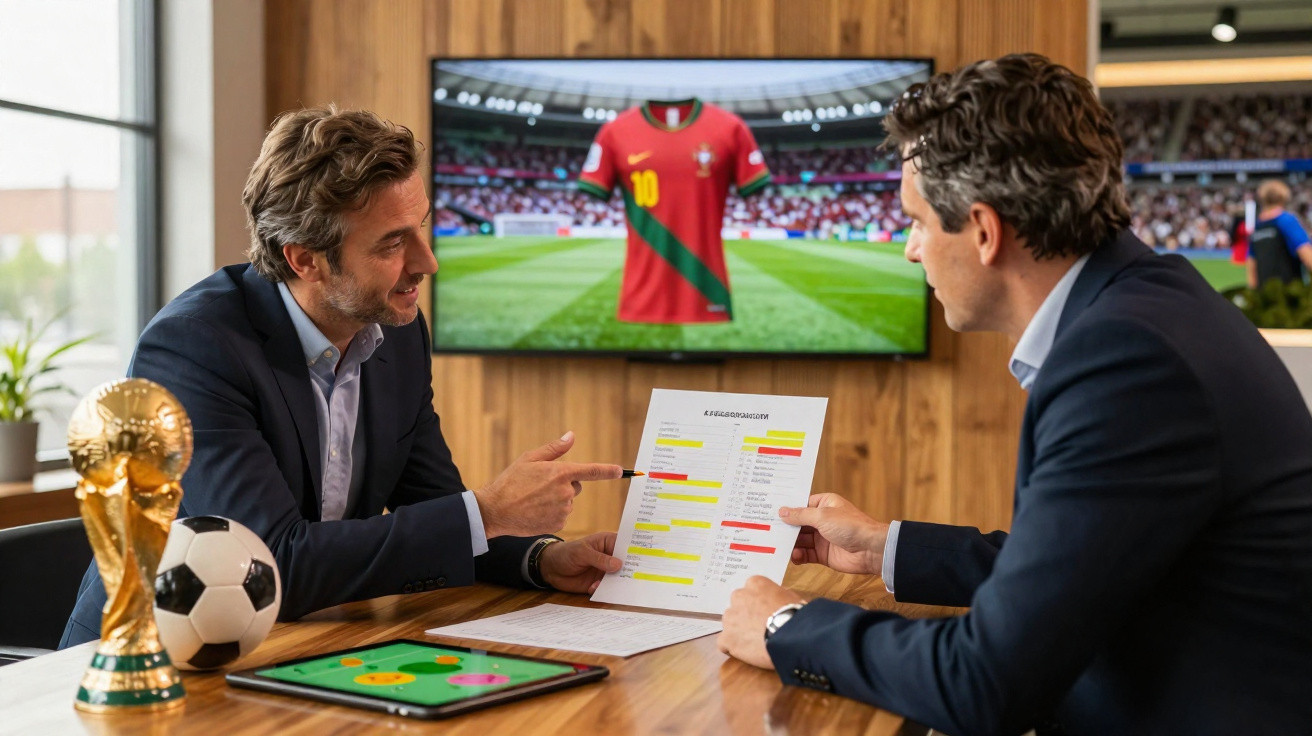 Dois homens de fato analisam tática de futebol com troféu, bola e tablet em escritório com camisola da seleção portuguesa ao 