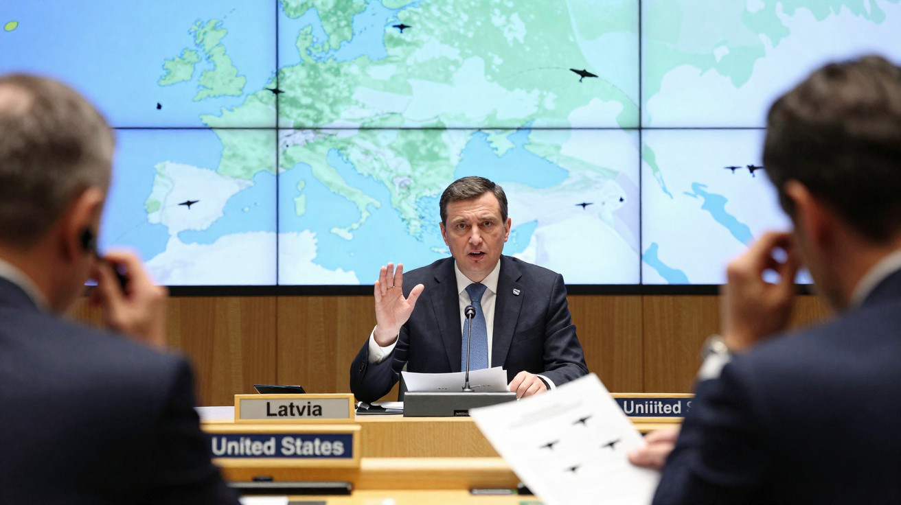 Homem em fato fala numa conferência com mapa da Europa ao fundo e placas de Letónia e Estados Unidos à frente.