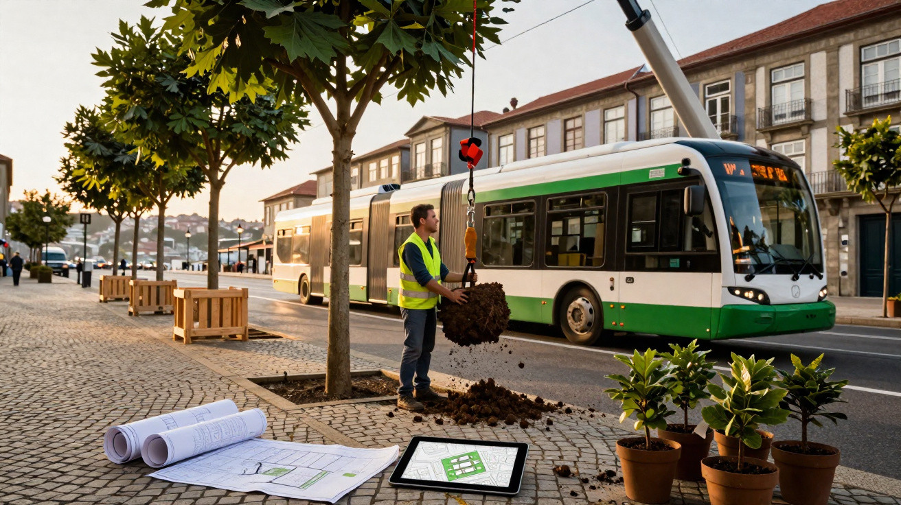 Trabalhador urbano com colete a suspender arbusto para plantação numa rua com autocarro elétrico ao fundo.