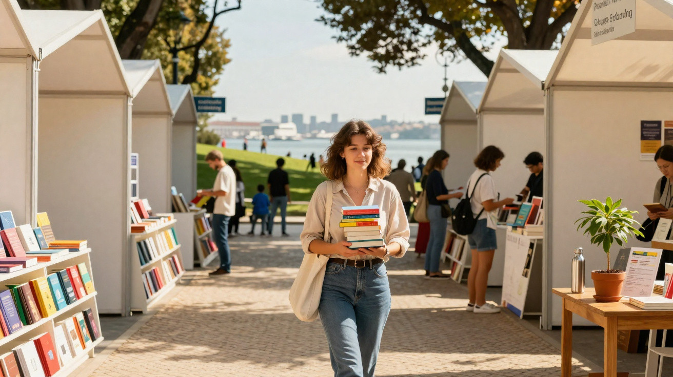 Mulher jovem a caminhar com livros numa feira de livros ao ar livre junto ao rio num dia solarengo.