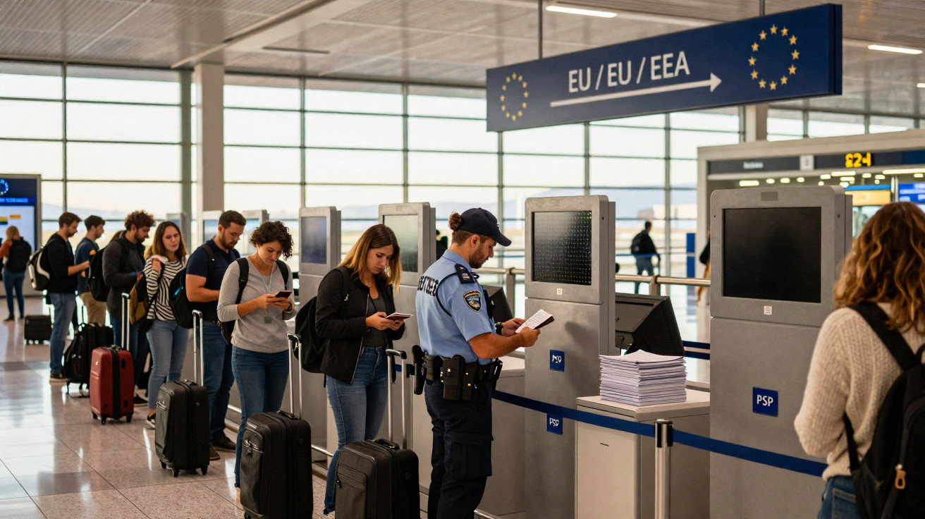 Fila de passageiros a apresentar documentos a polícia no controlo fronteiriço do aeroporto para a zona da UE/EEE.